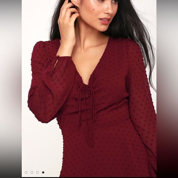 Lulus Wine and Dine Burgundy Swiss Dot Long Sleeve Skater Dress - Picture 3 of 14